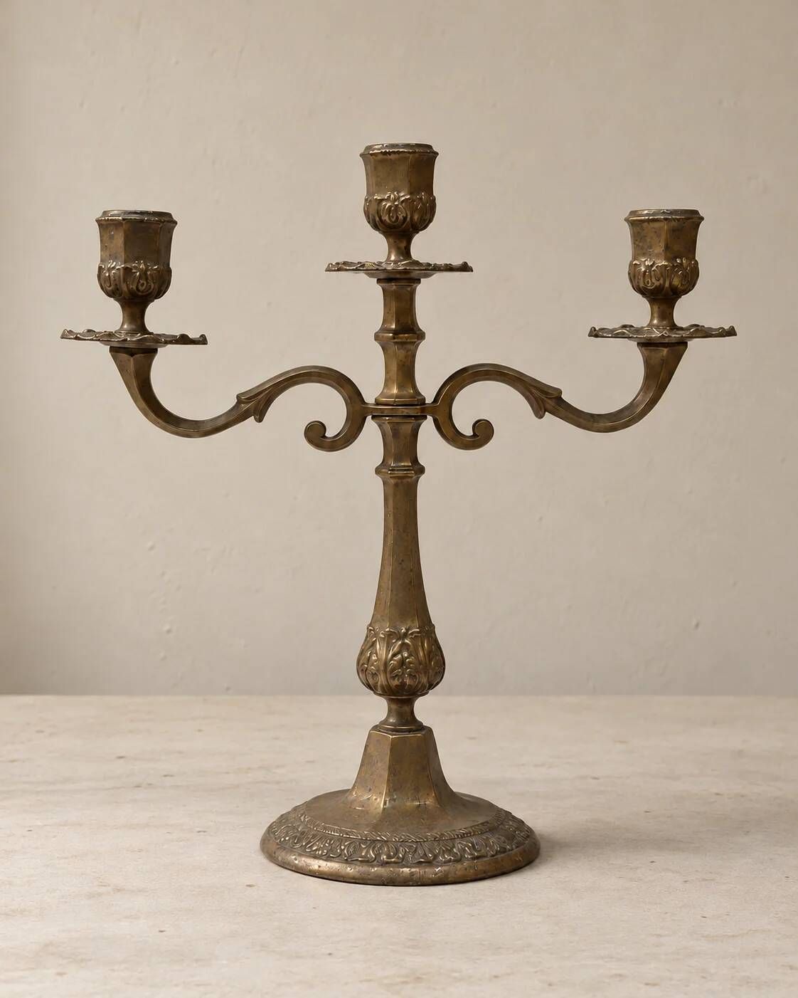 Three-light candelabrum in brass — France, 20th century