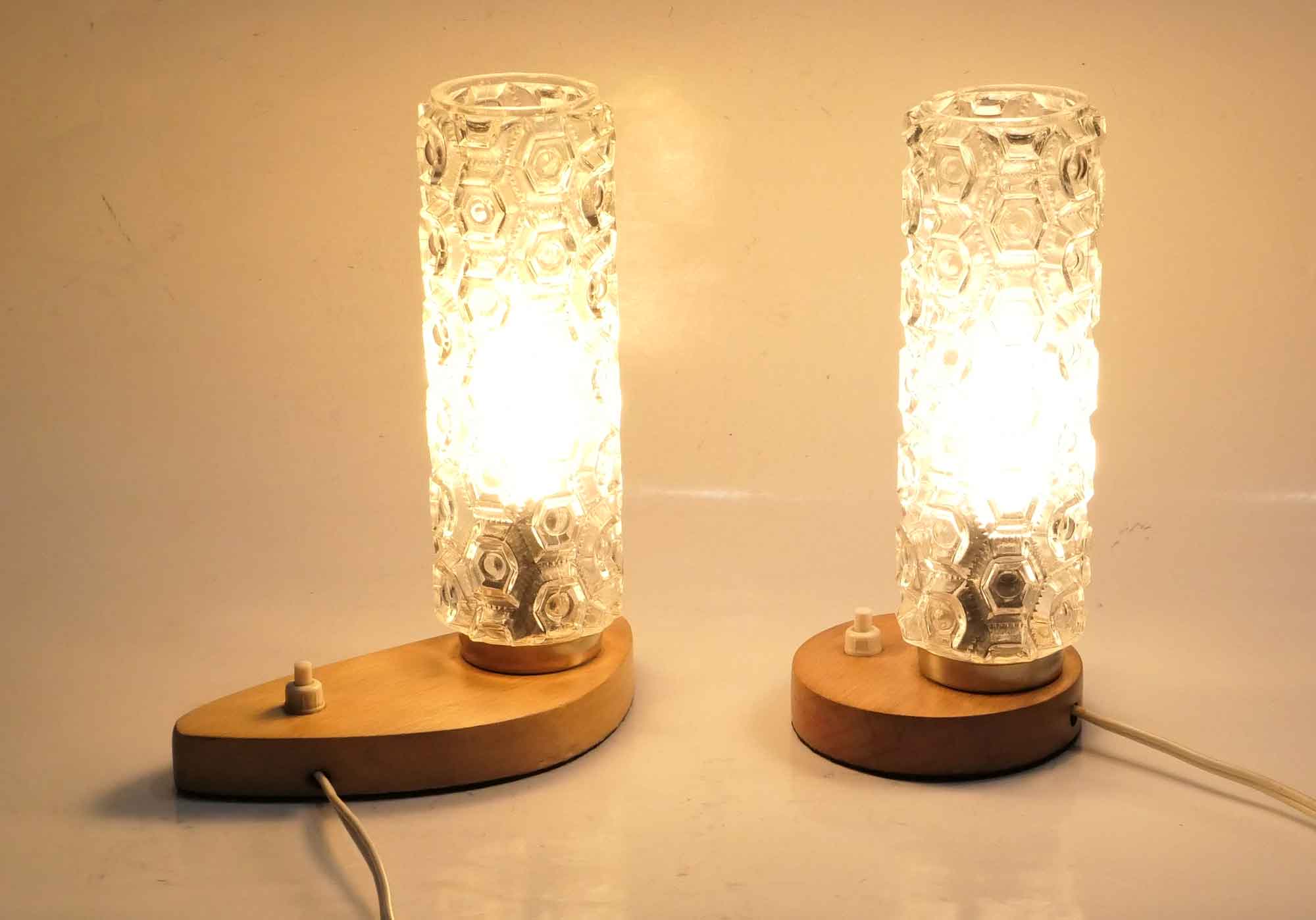 Pair of matching bedsides in light wood and 1960s glass