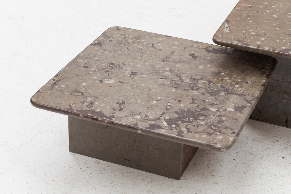 Ensemble de 3 tables basses carrées en marbre fossile, design des années 1970