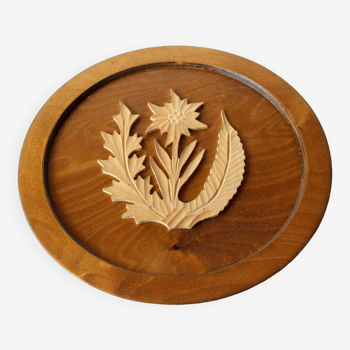 1950s Vintage - wooden wall plate, wall relief with edelweiss motif