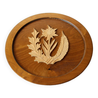 1950s Vintage - wooden wall plate, wall relief with edelweiss motif