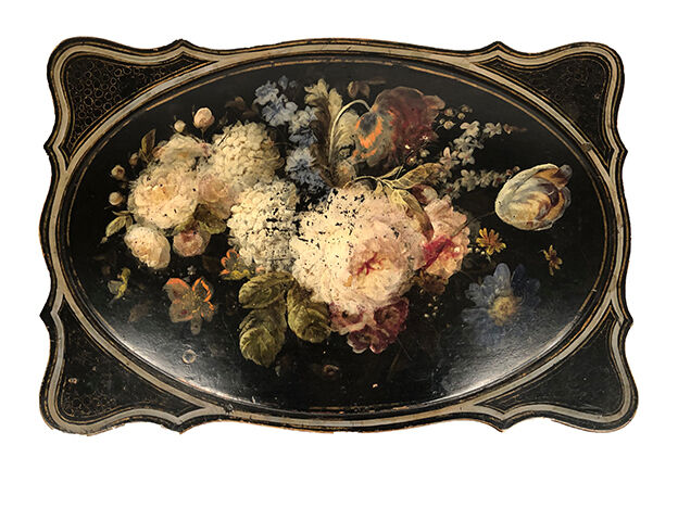 Small table with Napoleon III work, wood and boiled cardboard decorated with flowers painted with flowers