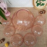 Ensemble saladier et 6 coupelles verre torsadé rosaline Arcoroc vintage