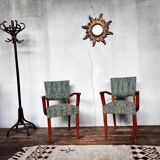 Pair of 50s Bridge armchairs vintage zebra pattern green