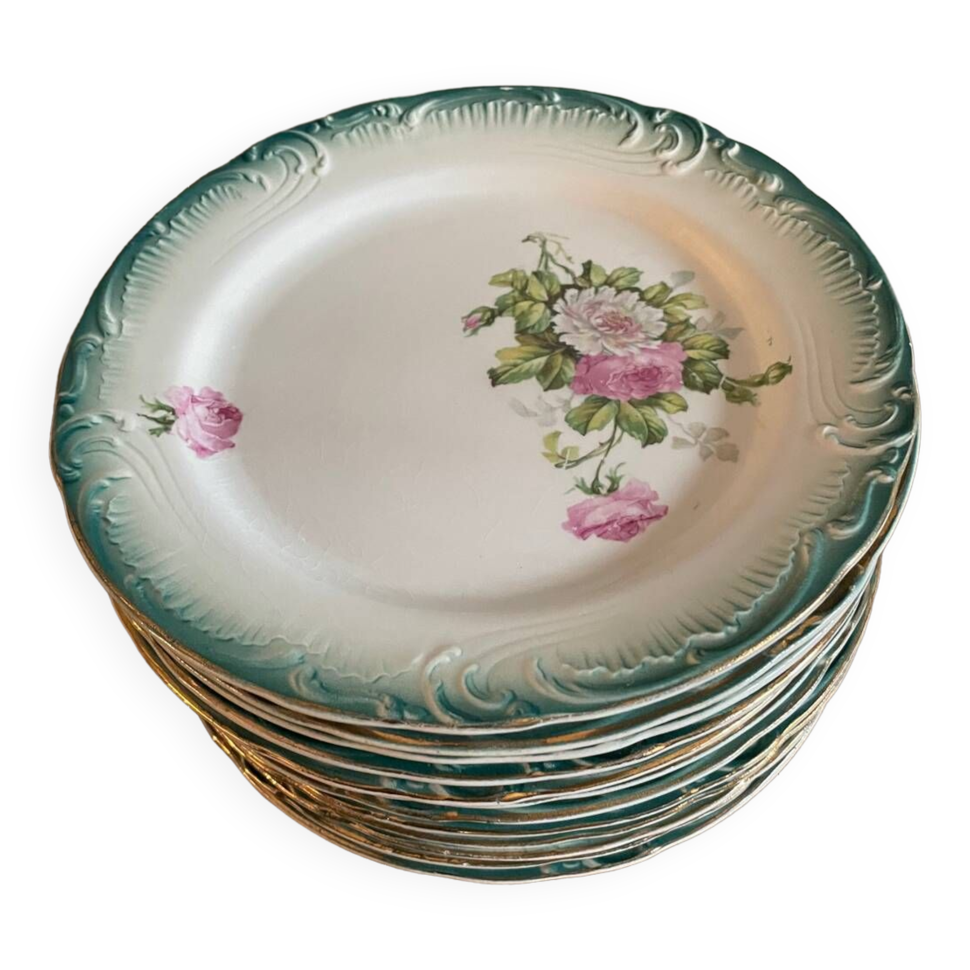 12 Dessert Plates Gien Year 1930 Decor of Roses Green Border