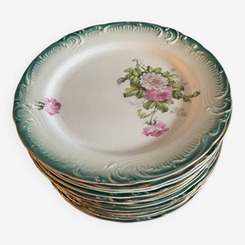 12 Assiettes Dessert Gien Année 1930 Décor de Roses Bordure Verte