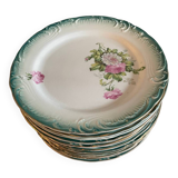 12 Dessert Plates Gien Year 1930 Decor of Roses Green Border