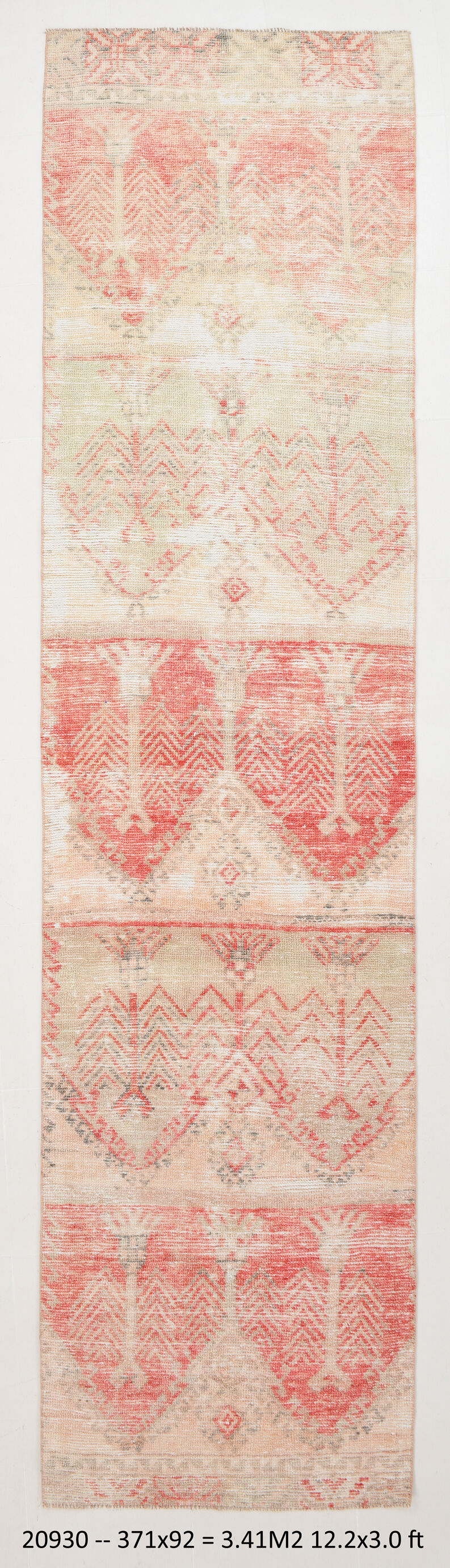 3x12 Red Beige Turkish Vintage Runner Rug,92x371Cm