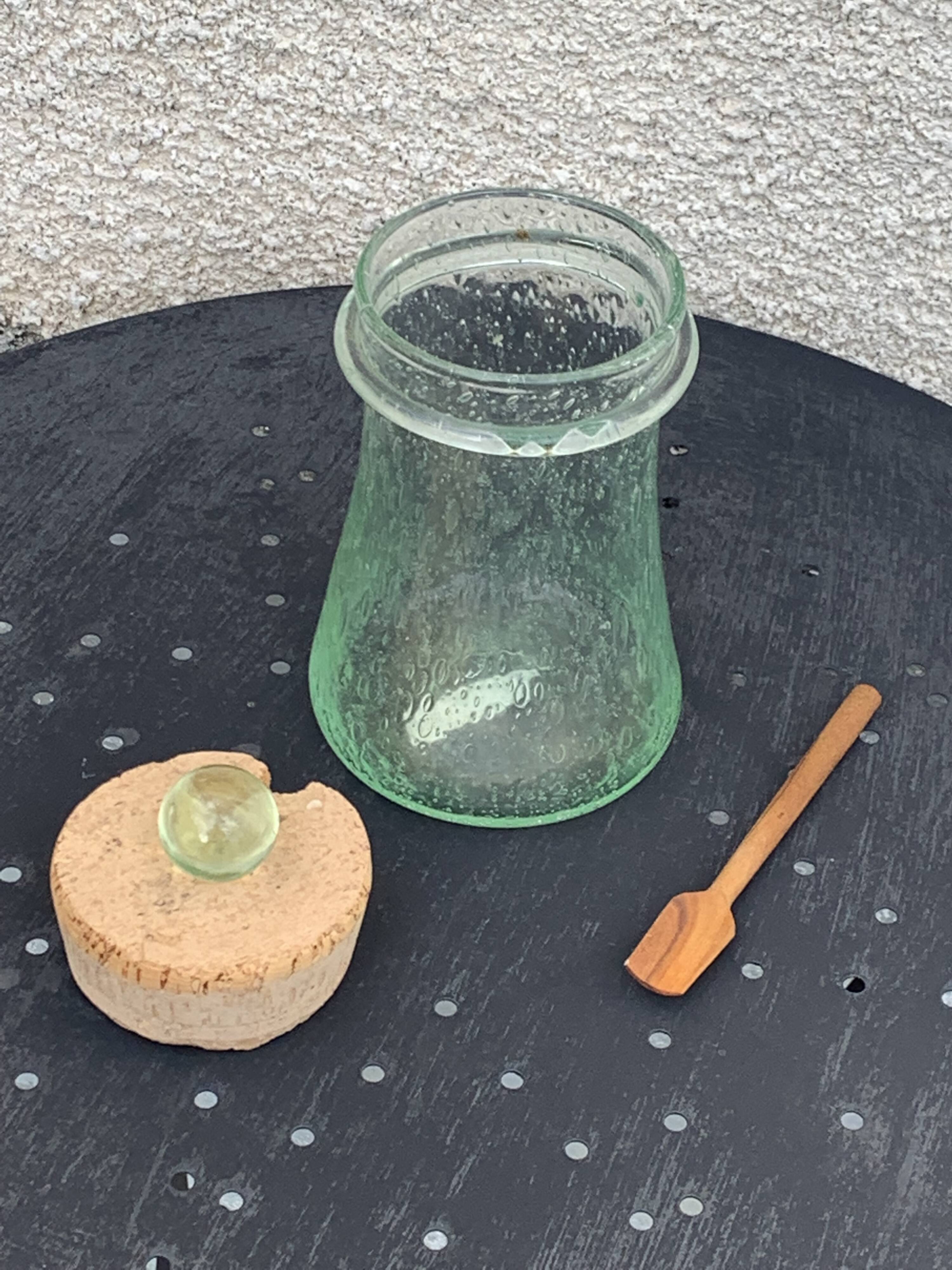 Olive or pickle jar in Biot bubble glass, hand-blown