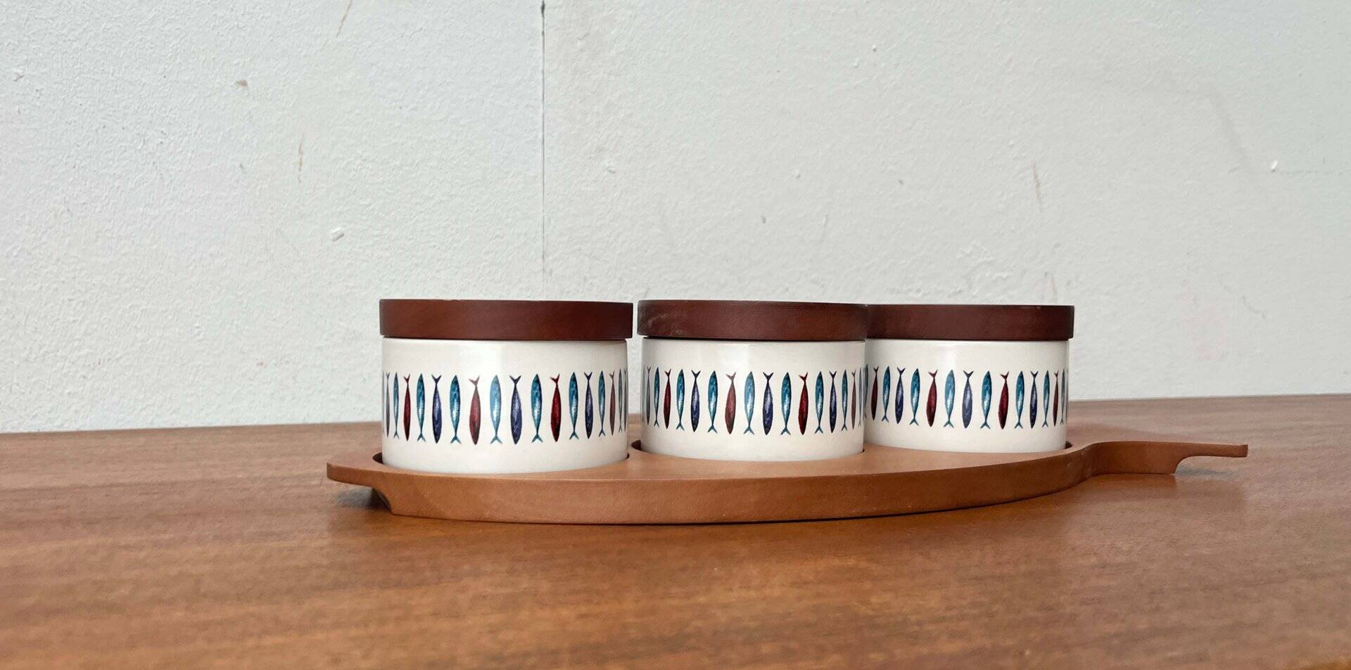Sets of Swedish herring pots in ceramic and teak by Asa Lindberg for Sagaform, 2000s, set of 4.
