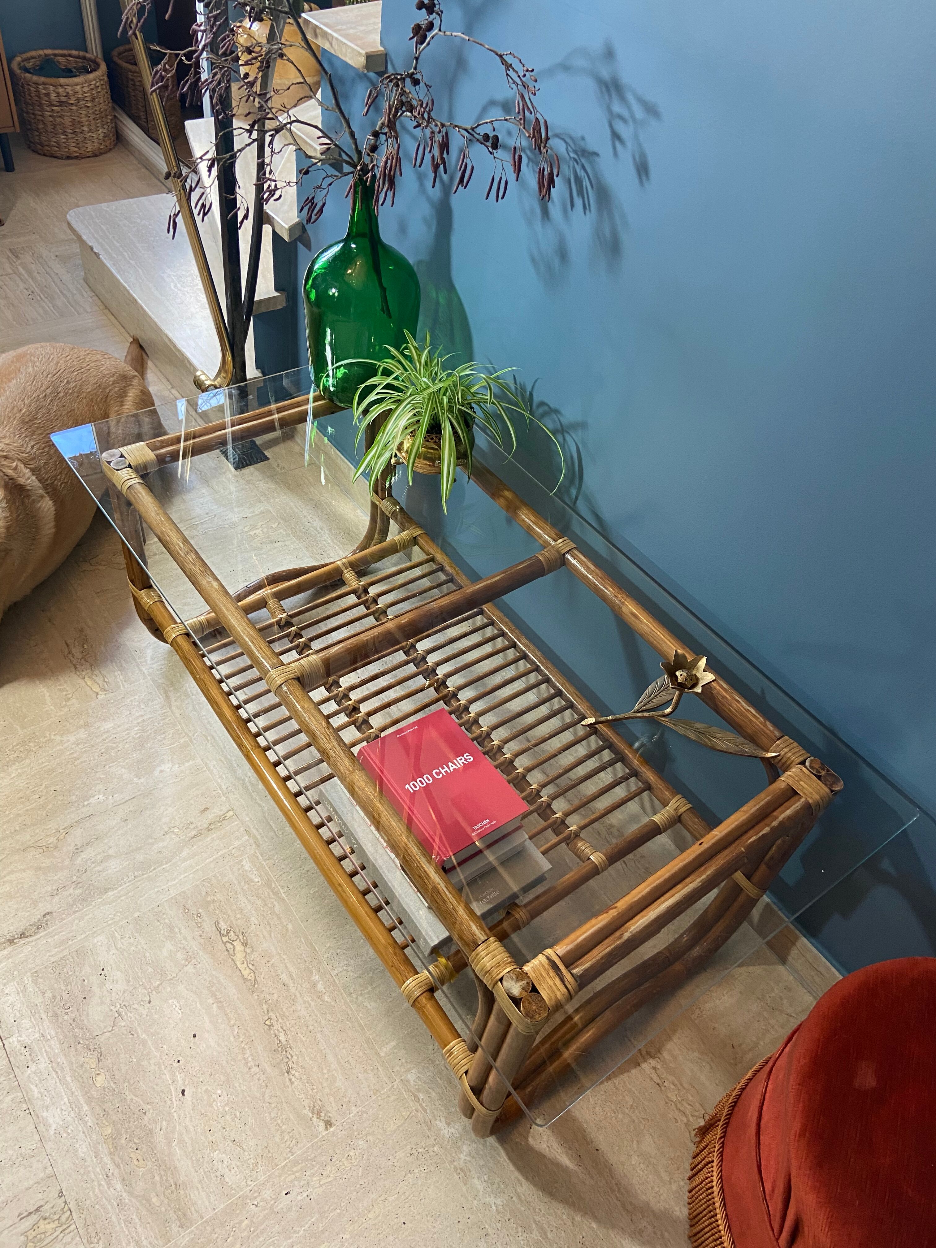 Vintage rattan and glass coffee table