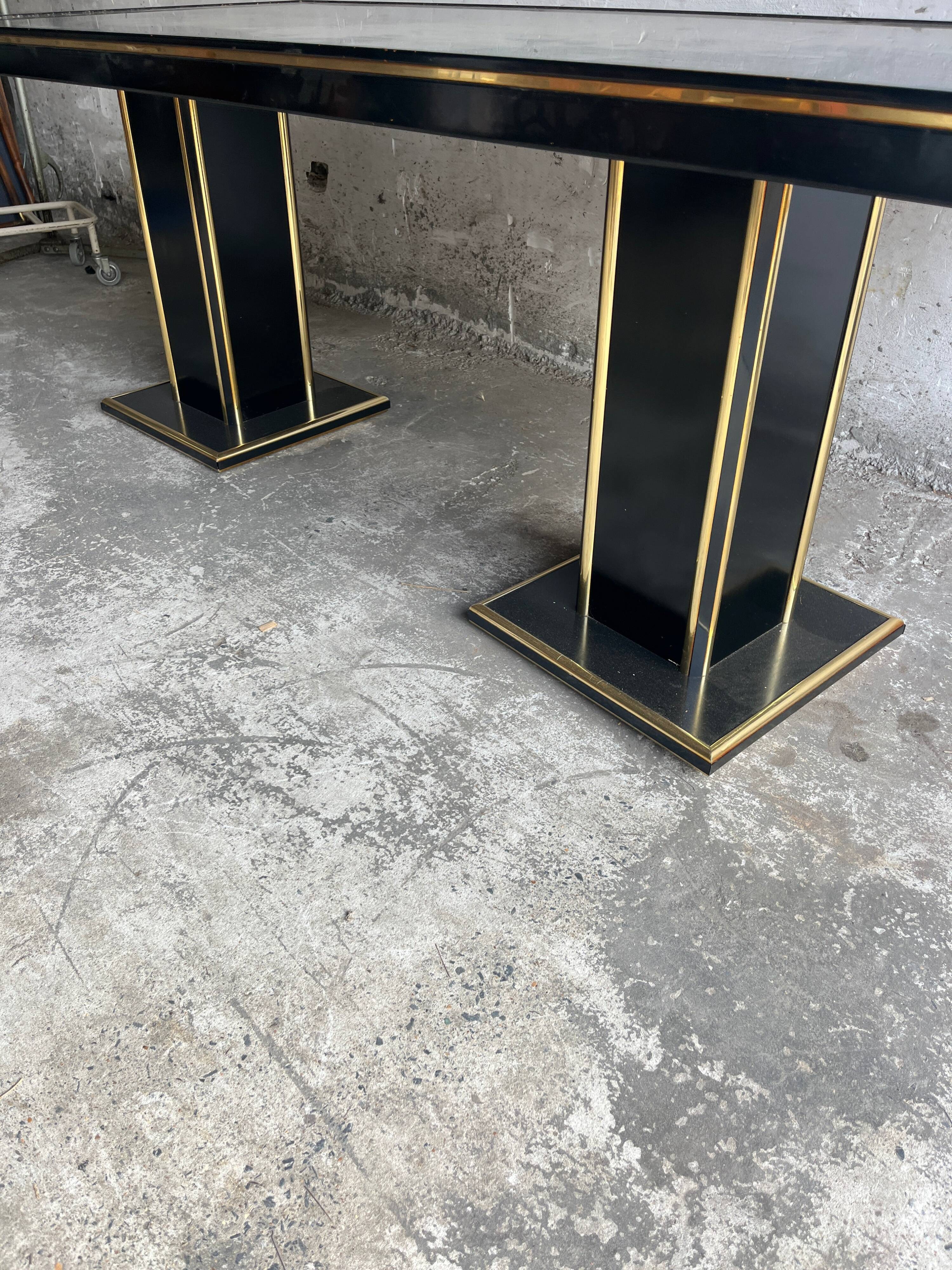 Black Lacquer and Brass Dining Table with Glass Top — Lacquered Wood, 1970s Double Pedestal