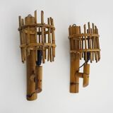 Pair of rattan bamboo lantern wall lights. 1950s-1960s