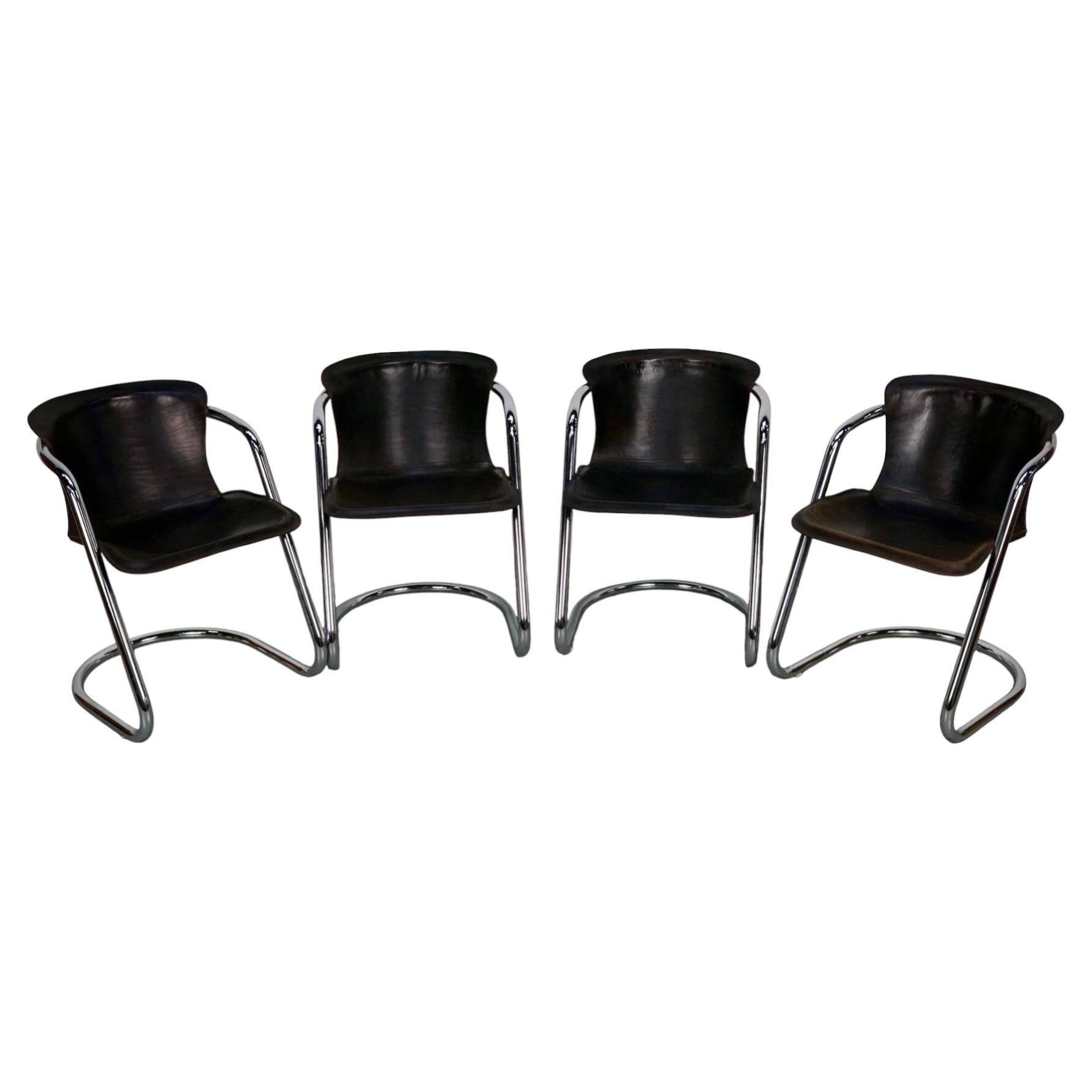 Set of four brown leather dining chairs, Willy Rizzo, 1970