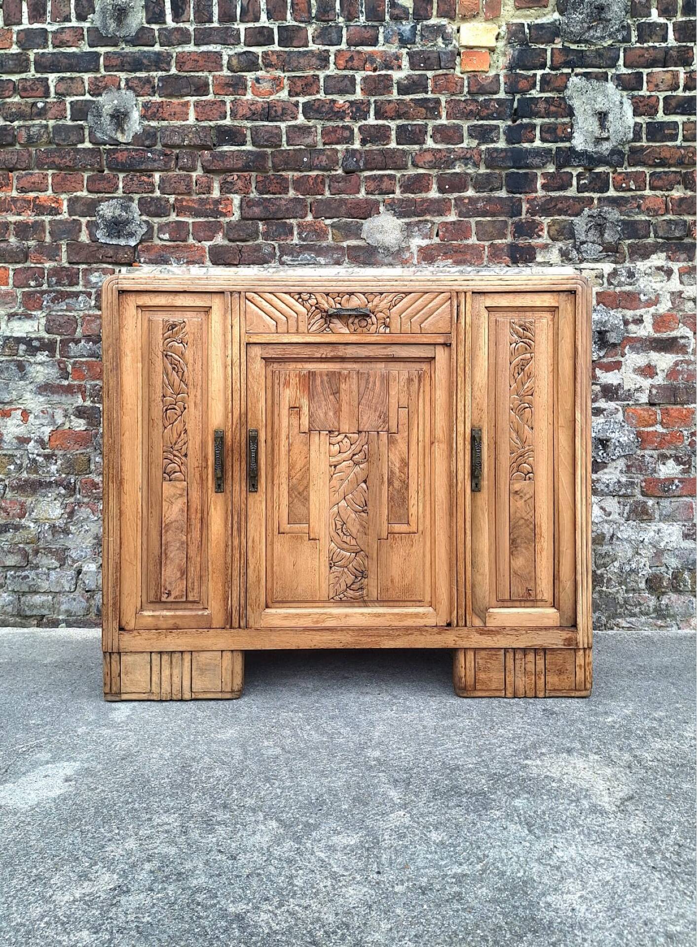 Art Deco buffet with marble top, antique sideboard.