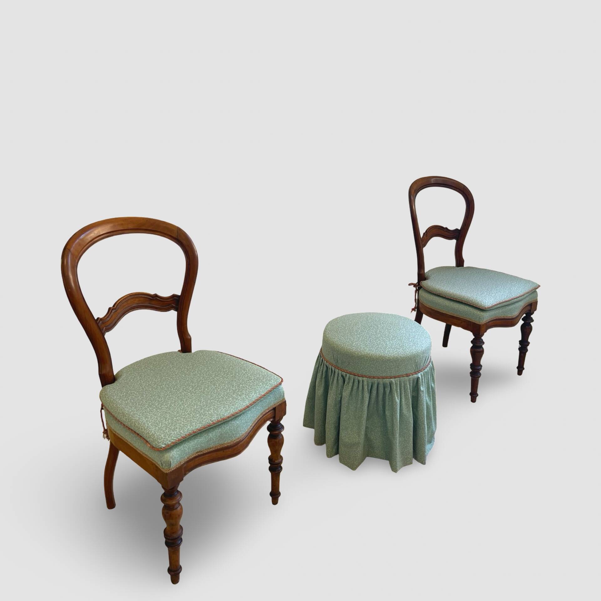 Antique Victorian era ballon back chairs and stool