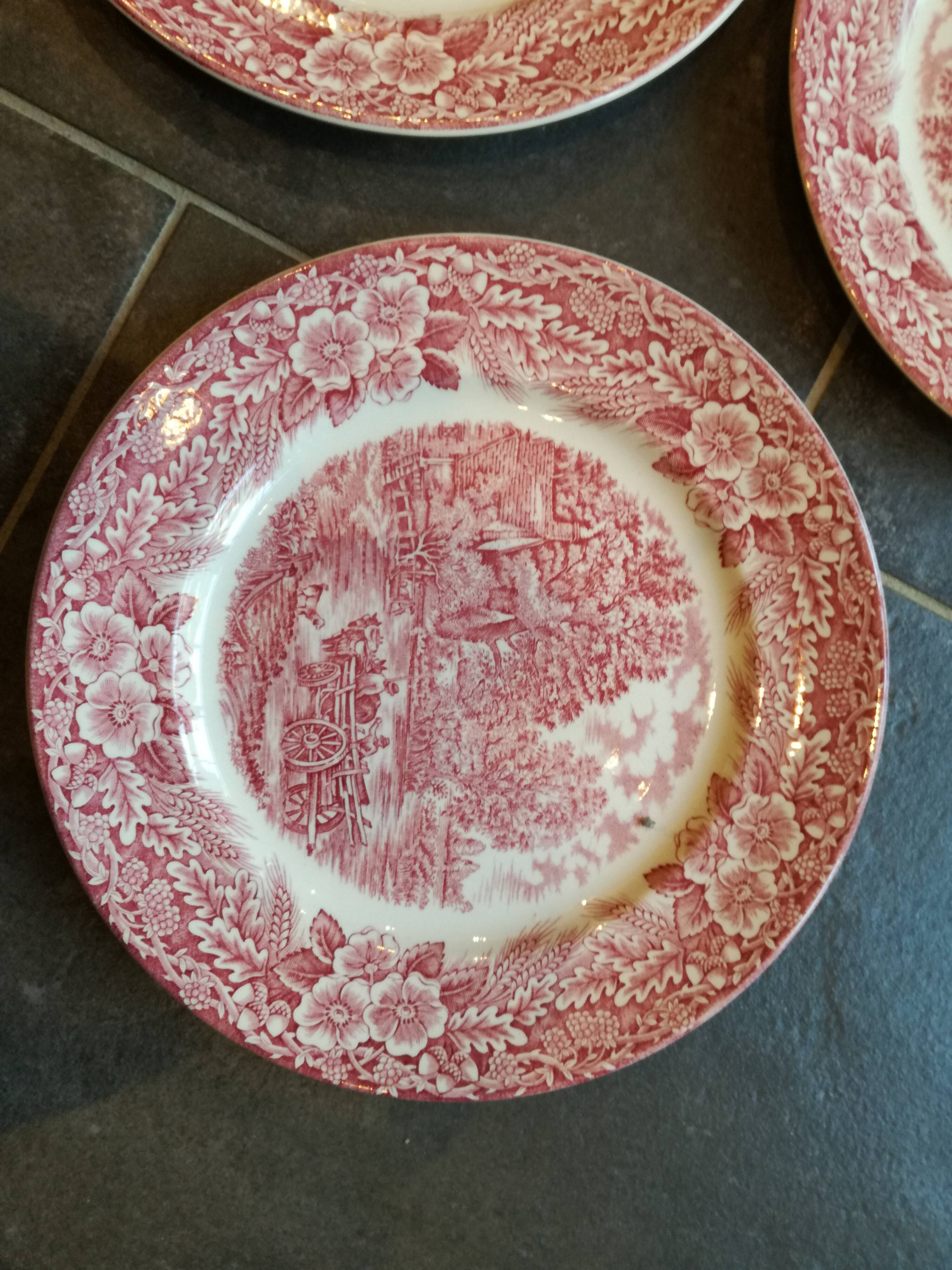 9 plates in pink English porcelain
