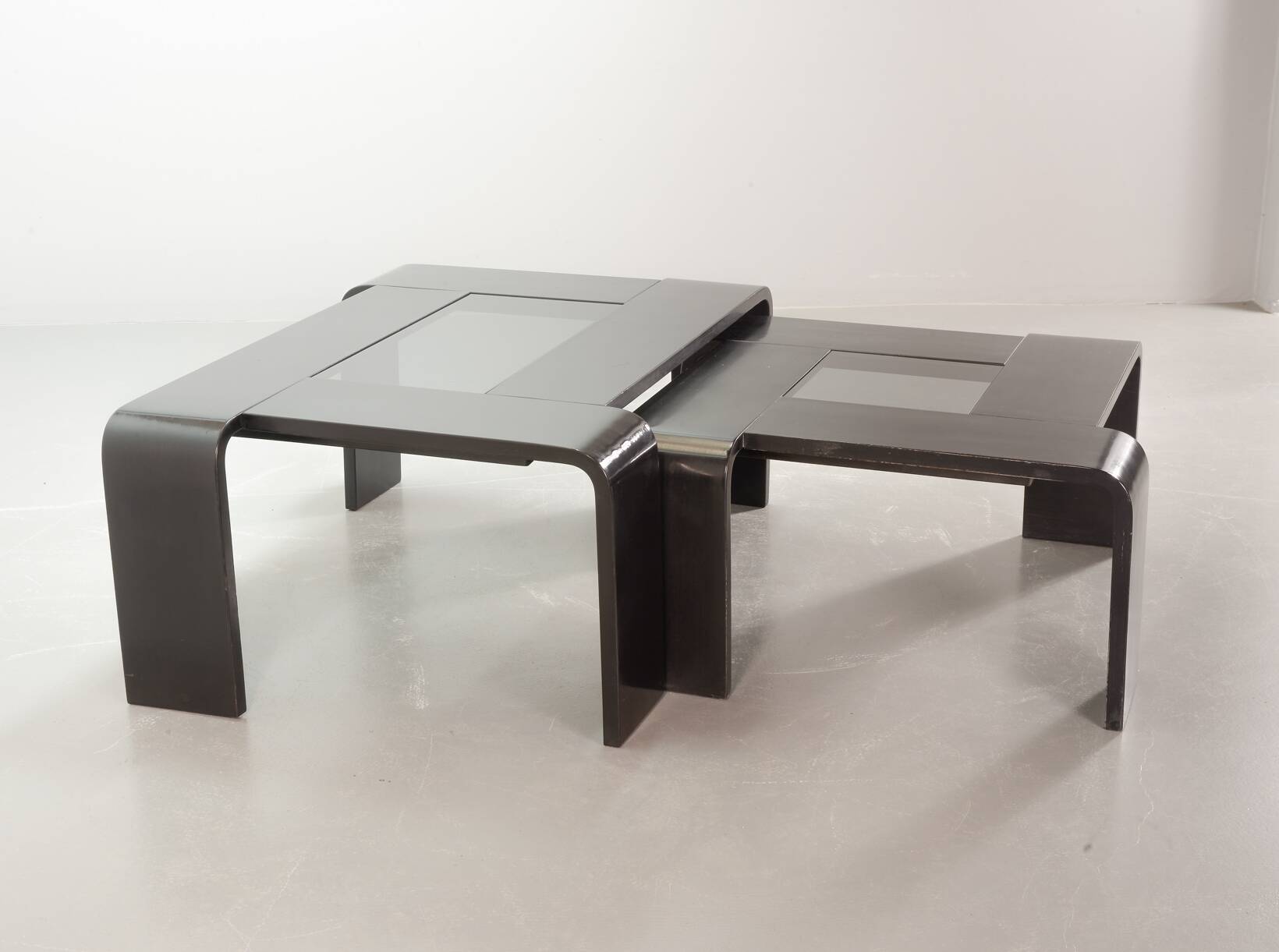 Rectangle Black Lacquered Plywood Coffee Table with Smoked Glass Panel 70s