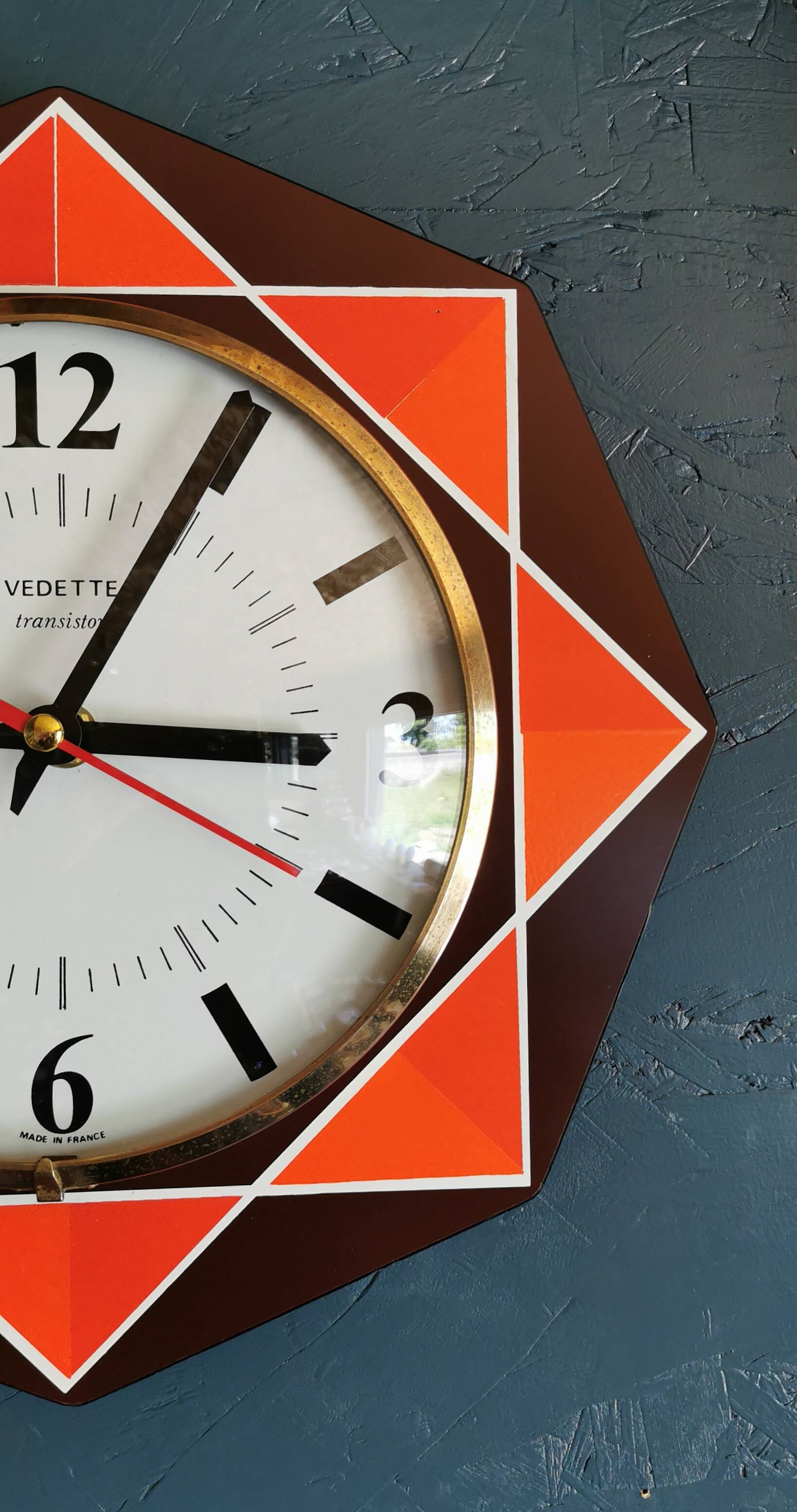 Vintage formica clock silent octagonal wall pendulum "Star chocolate orange"