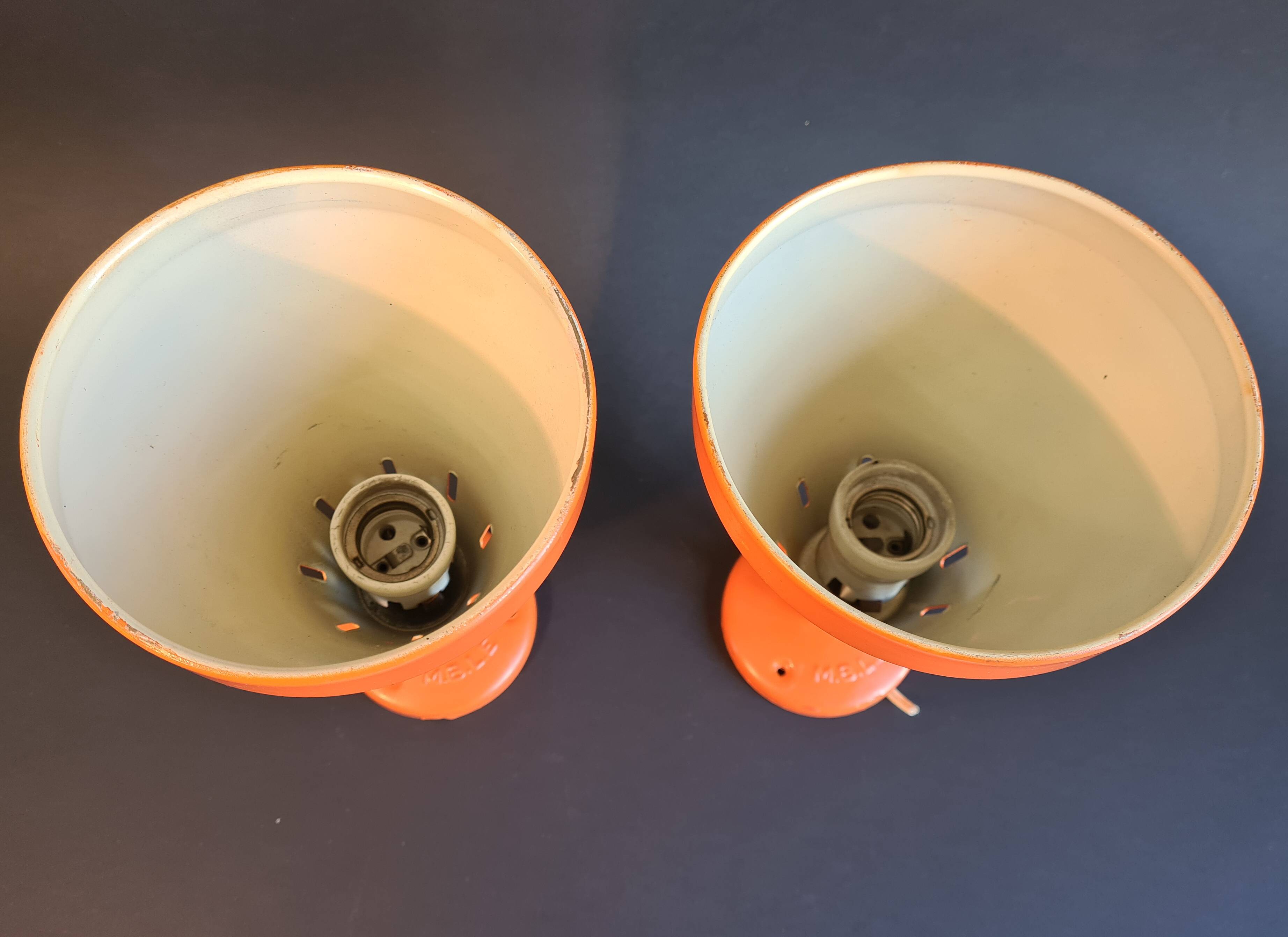 Authentic Pair of Seventies Orange wall lights from the "MBLE" brand.