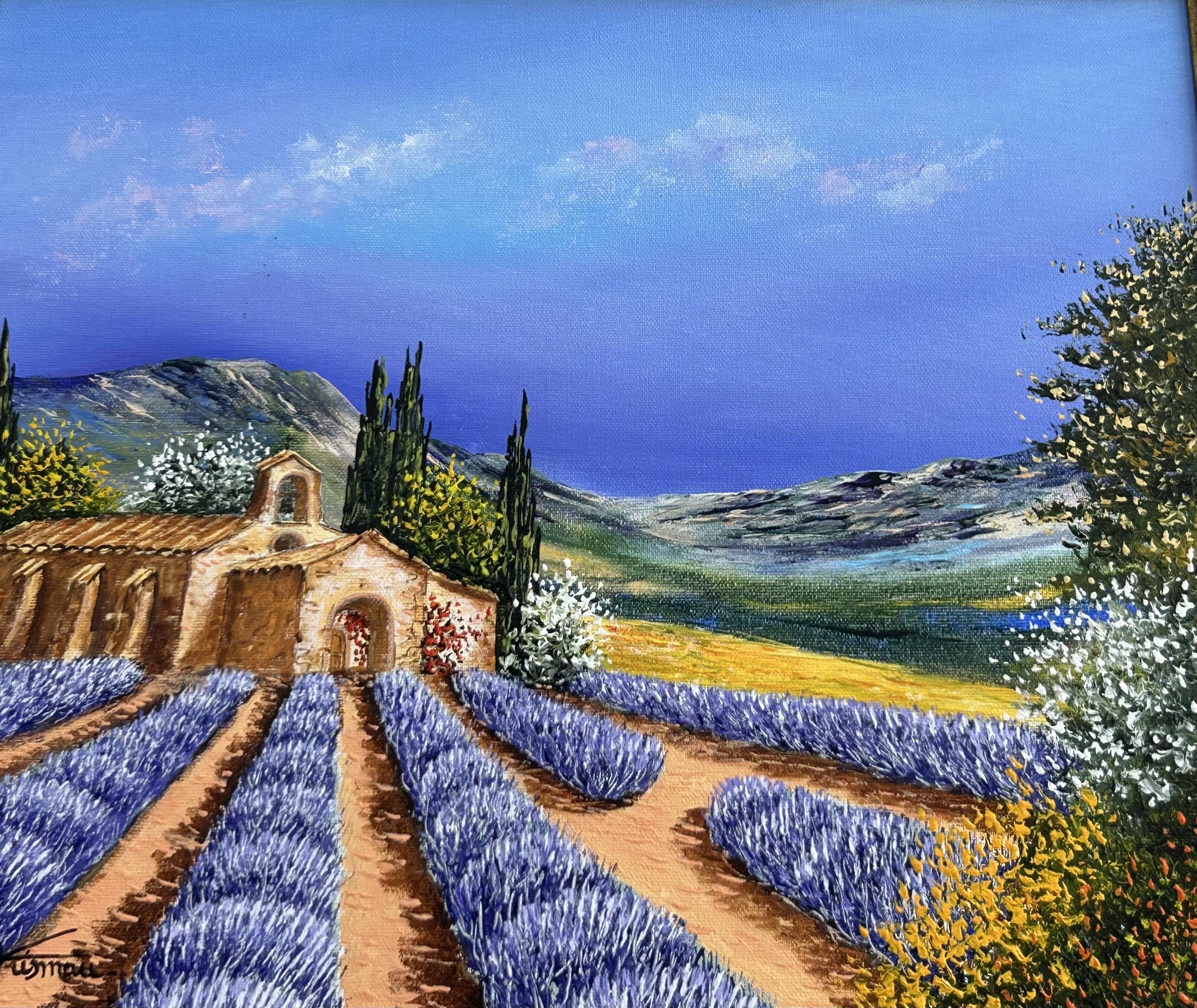 Oil on canvas, Chapel of Provence, lavender fields signed Ehrisman