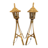 Paire de Lampadaires Lanternes style Tiki en Bambou & Rotin – Vintage