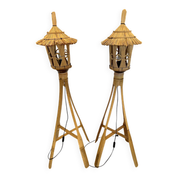 Paire de Lampadaires Lanternes style Tiki en Bambou & Rotin – Vintage