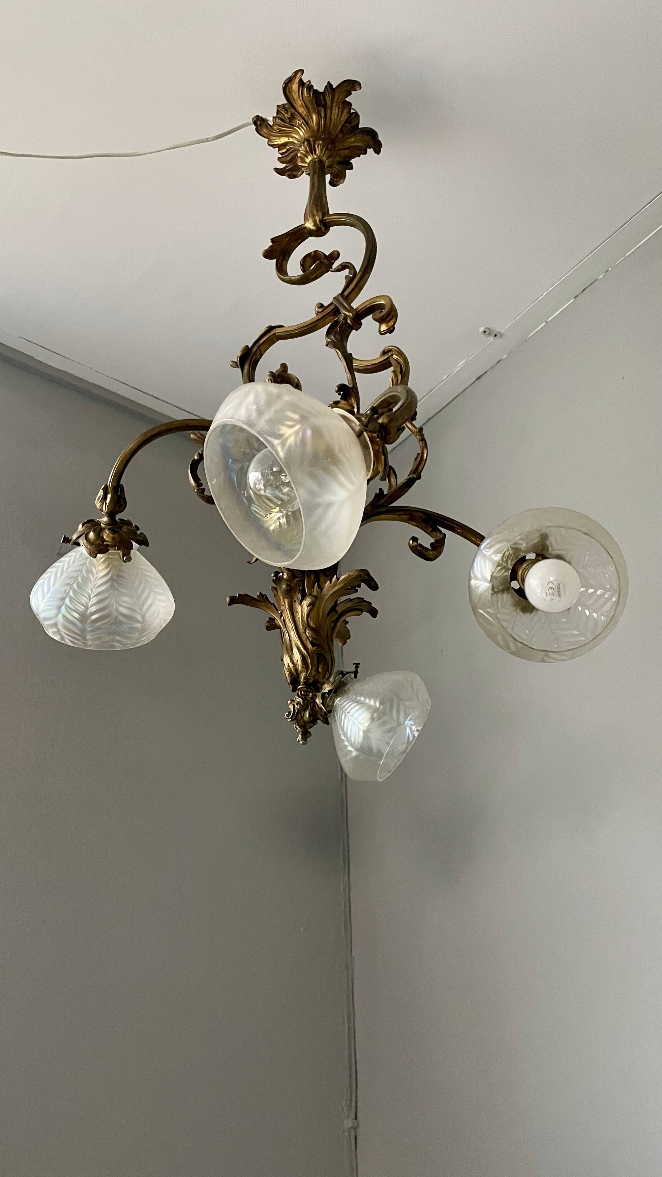 Jugendstil Golden Chandelier with Frosted Glass Shades