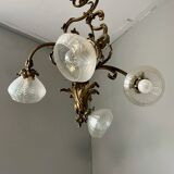 Jugendstil Golden Chandelier with Frosted Glass Shades