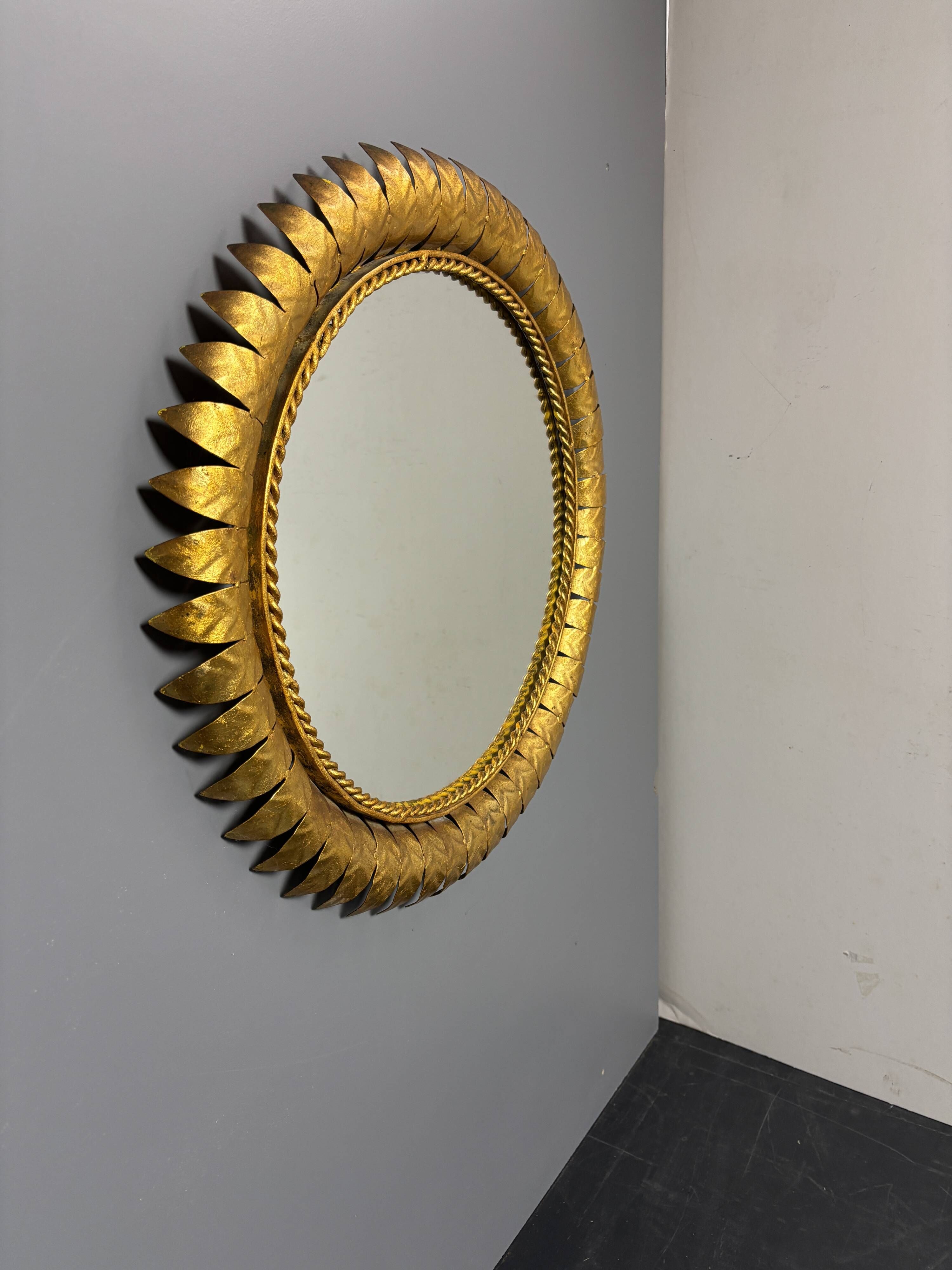 Midcentury bohemian Hollywood Regency Spanish gilt metal sun mirror, 1960s