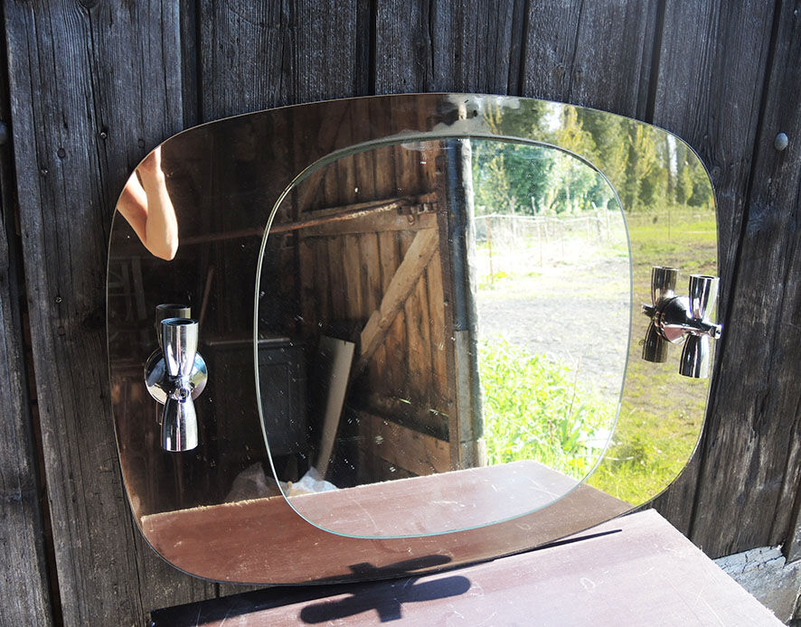 Mirror with glazed brown glass wall lights from the 70's - 79x59cm