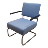 Tubular frame armchair with blue fabric upholstery