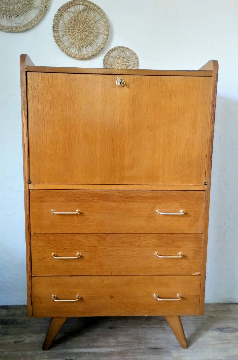 Vintage 1950s secretary desk with compass legs and gilded oak