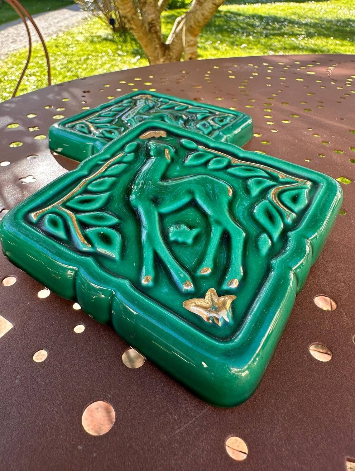 Vintage Emerald Green Ceramic Bottle Holder - Deer & Gold Decor