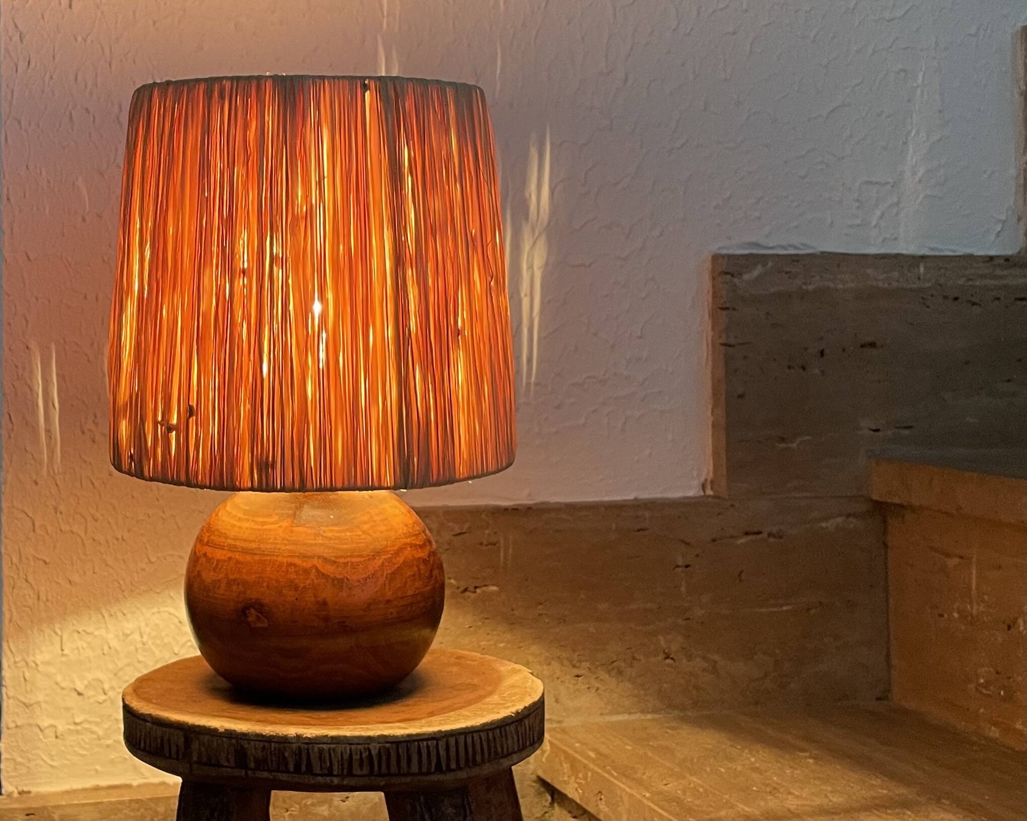 Wooden ball lamp, raffia lampshade, 1970s
