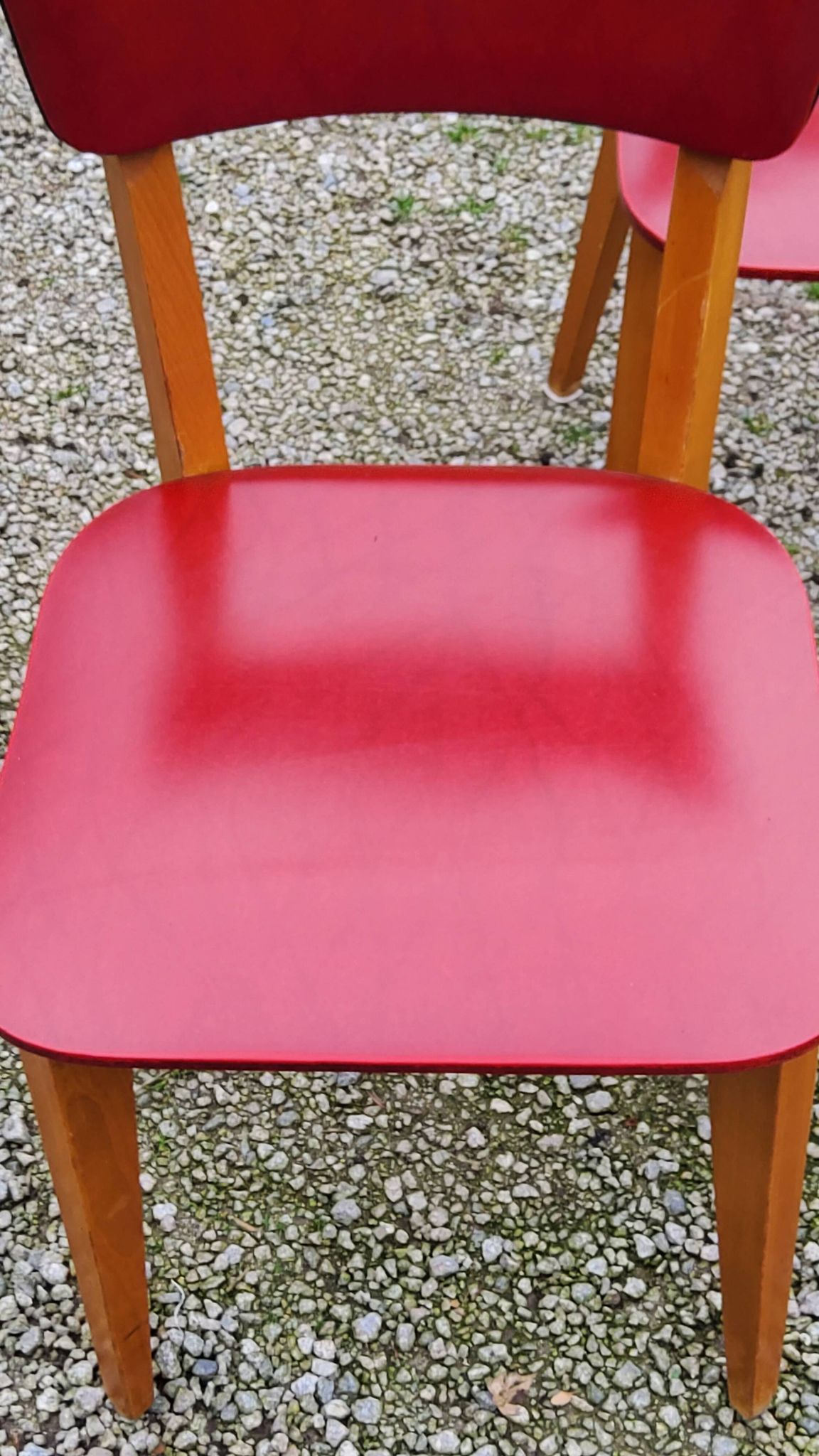Set of 4 vintage chairs from the 50s in blond beech and red leatherette