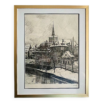 Painting É.HIRTH (Édouard, 1885-1980) Engraving STRASBOURG St-Guillaume Church