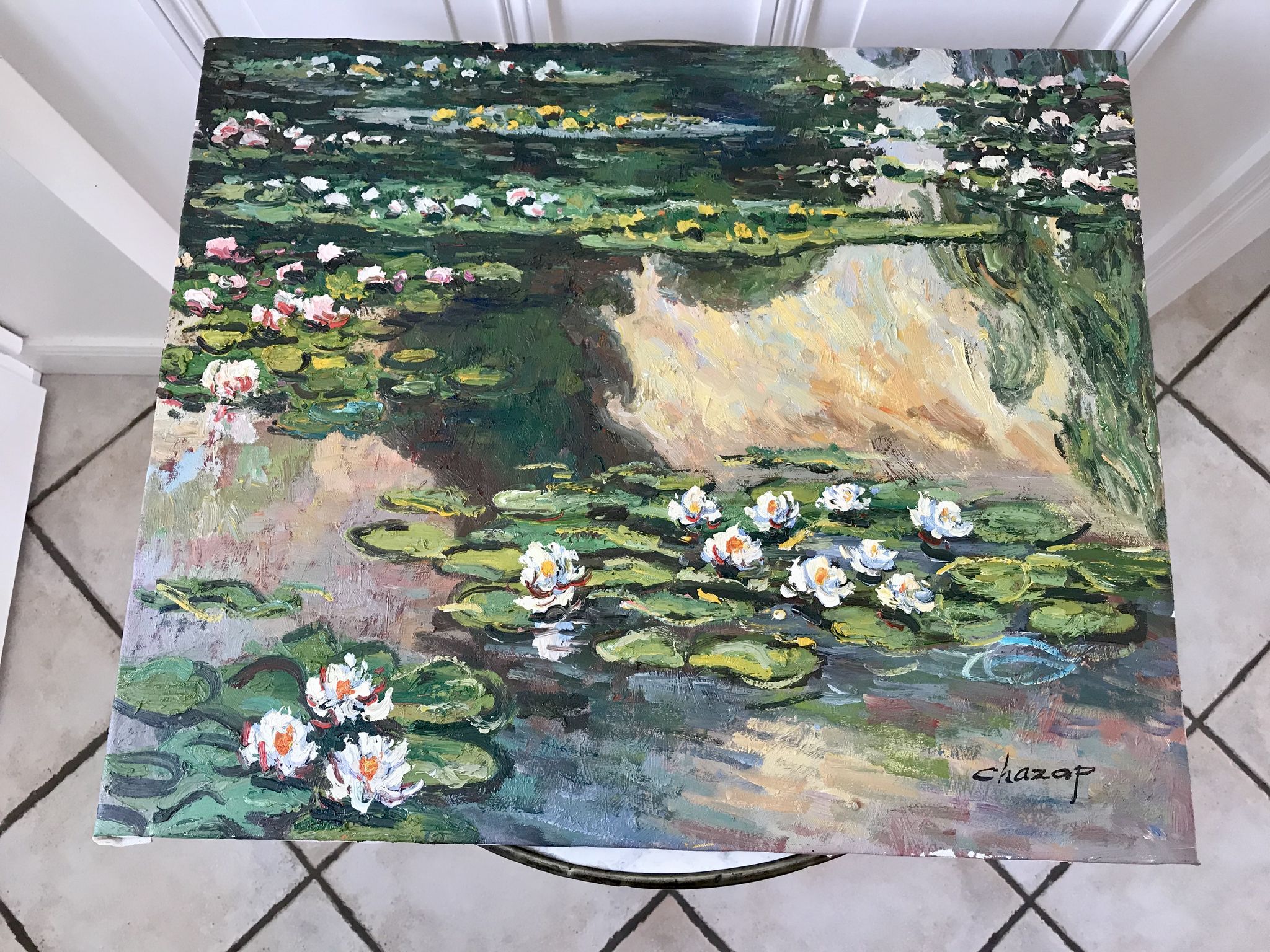 Oil painting on canvas water lilies nymlies signed chazap years 40-50
