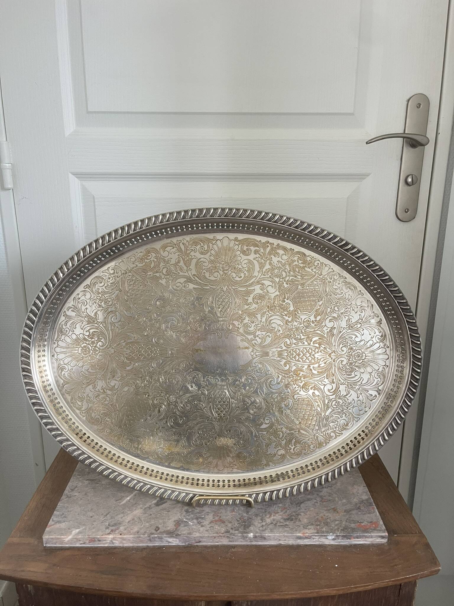 Vintage Silver Metal Tray Floral Rococo Pattern 55x40cm 1970