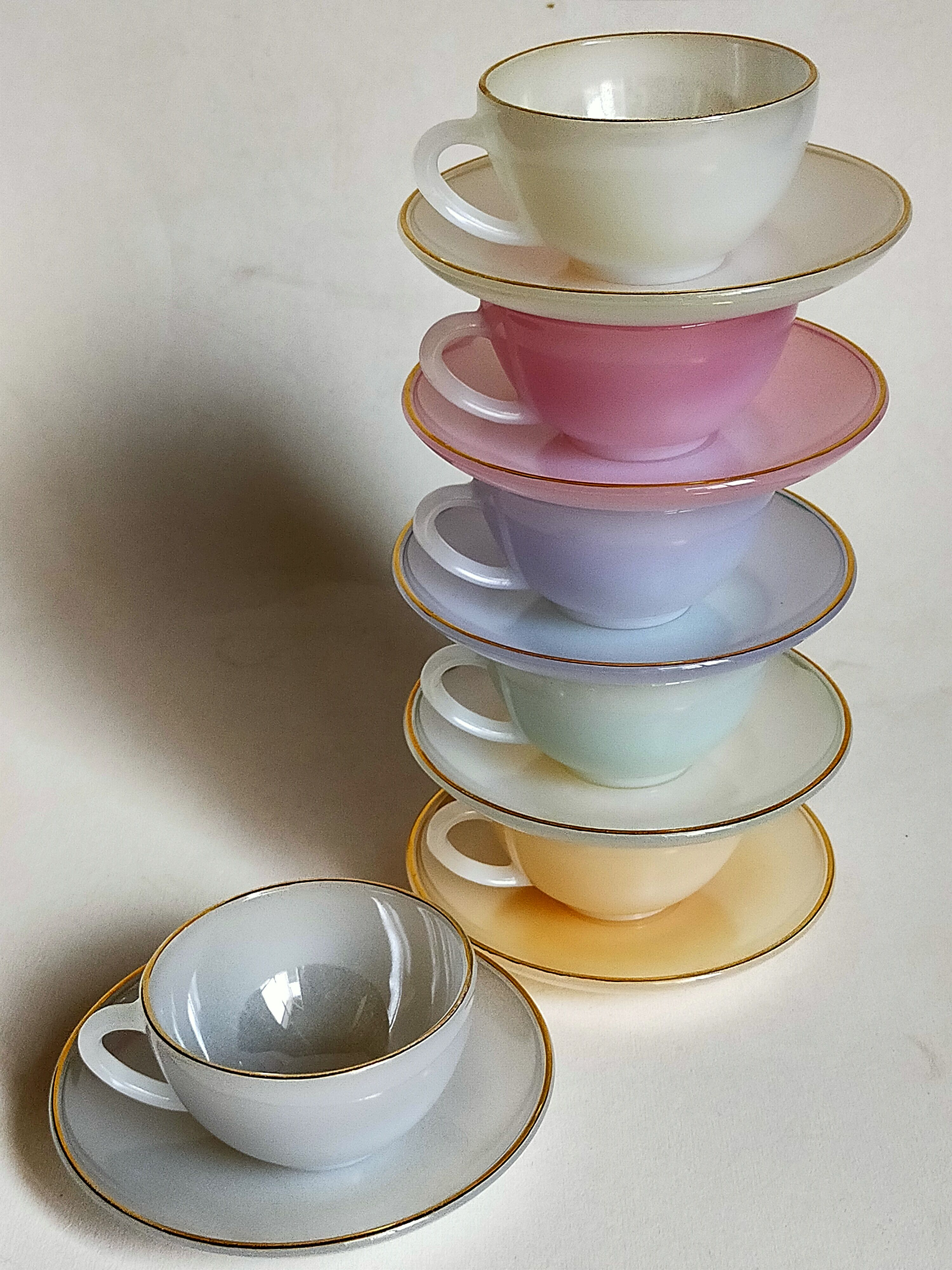Six vintage iridescent pastel arcopal opaline cups