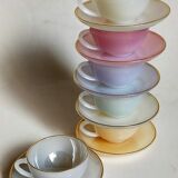 Six vintage iridescent pastel arcopal opaline cups