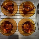 Set of 4 large amber glass cups and saucers