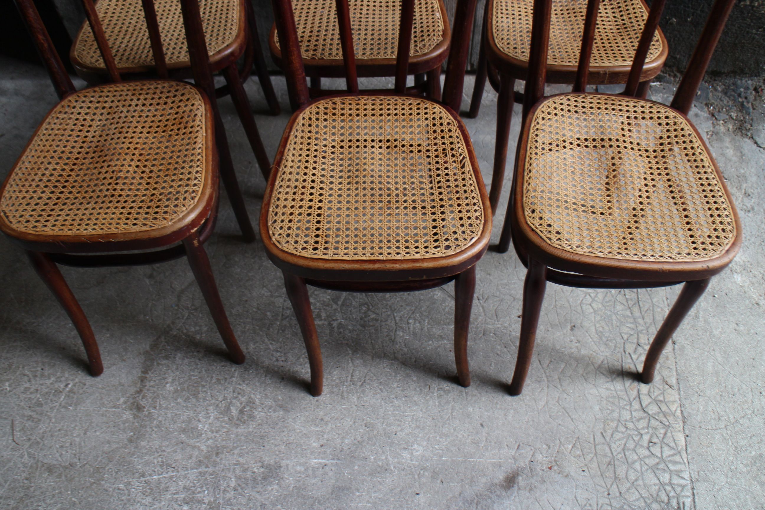 Series of 6 kohn bistro chairs curved wood and cannage
