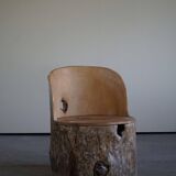 Sculptural Norwegian trunk chair in mid-century brutalist solid wood.