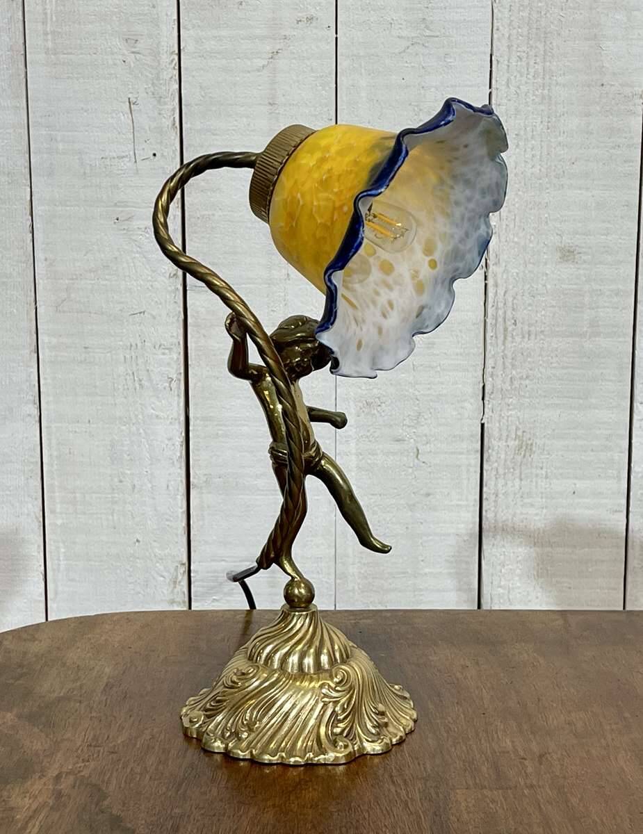 Bronze lamp with glass paste shade - work from the 1970s