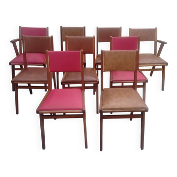 Set of 7 chairs and 2 vintage bridge armchairs in oak and faux leather.