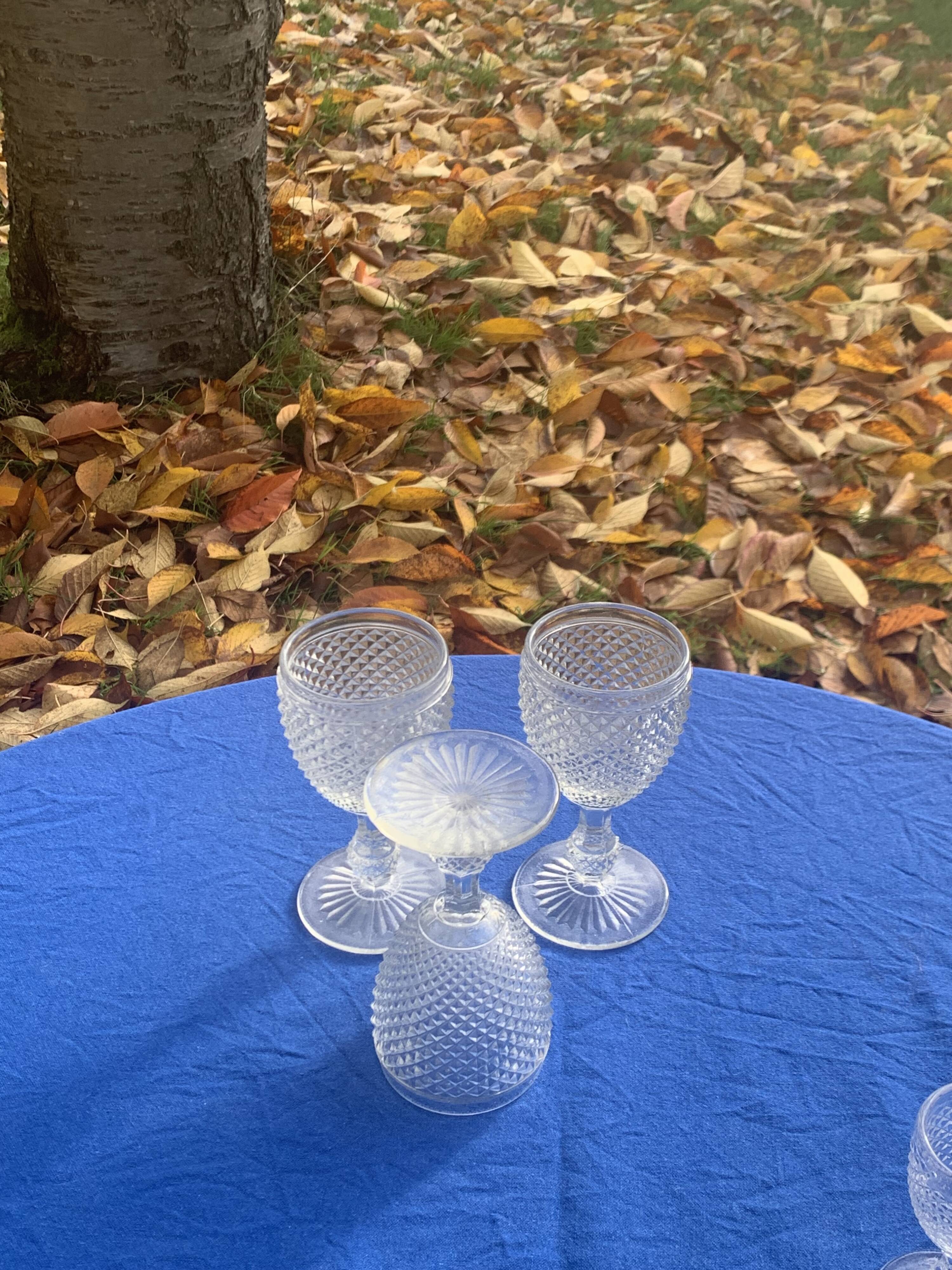 Elegant service consisting of a carafe, 3 wine glasses and 6 diamond pattern aperitif glasses