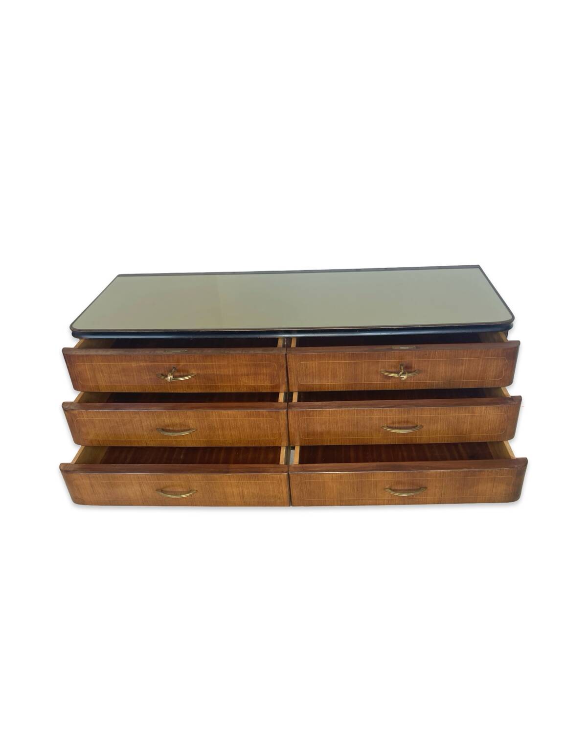 Commode en acajou plaqué avec plateau en verre vert, années 1950