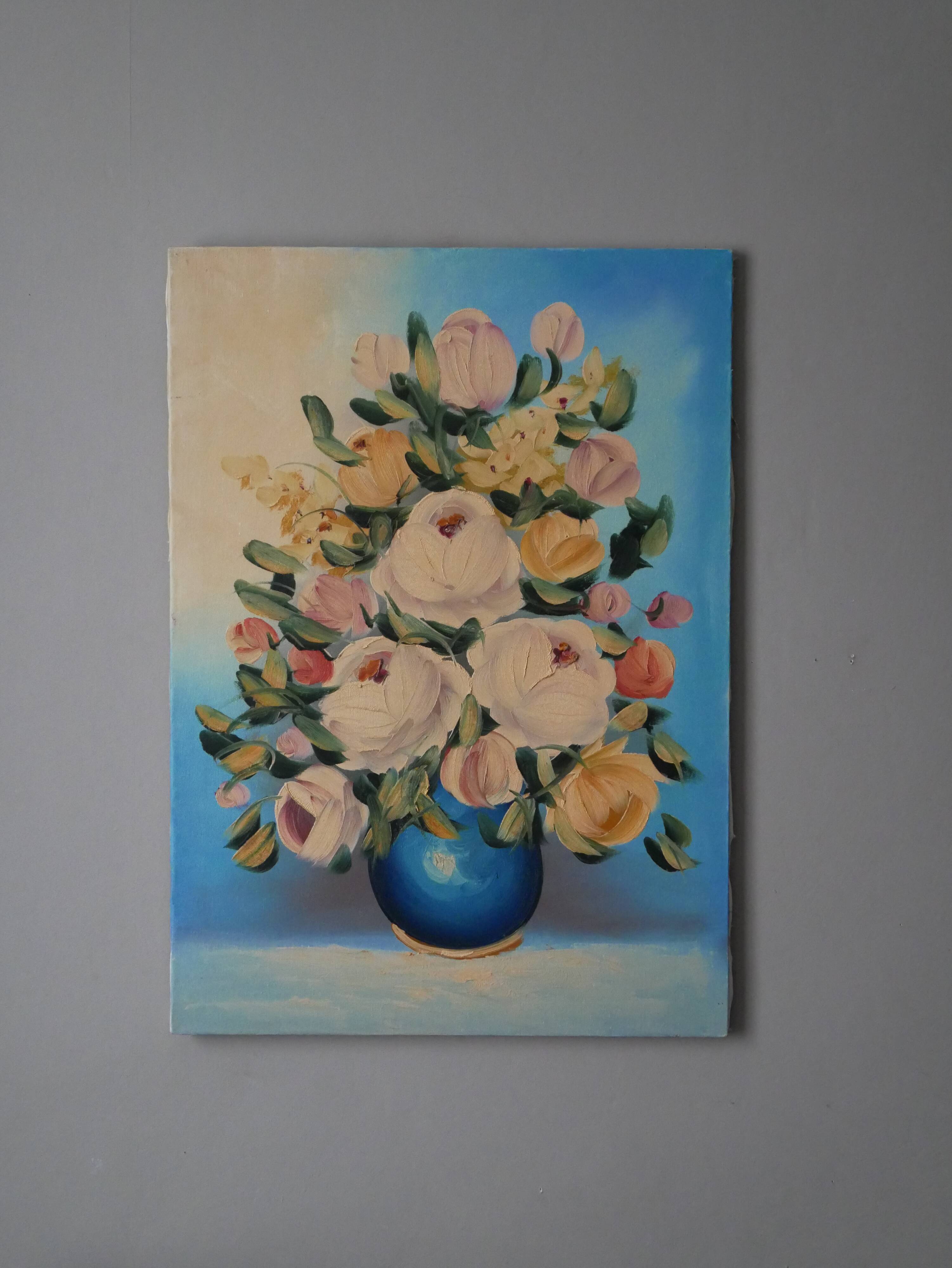 Still life painting bouquet of flowers vintage painted canvas classic decoration bohemian countryside