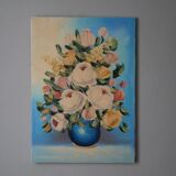 Still life painting bouquet of flowers vintage painted canvas classic decoration bohemian countryside